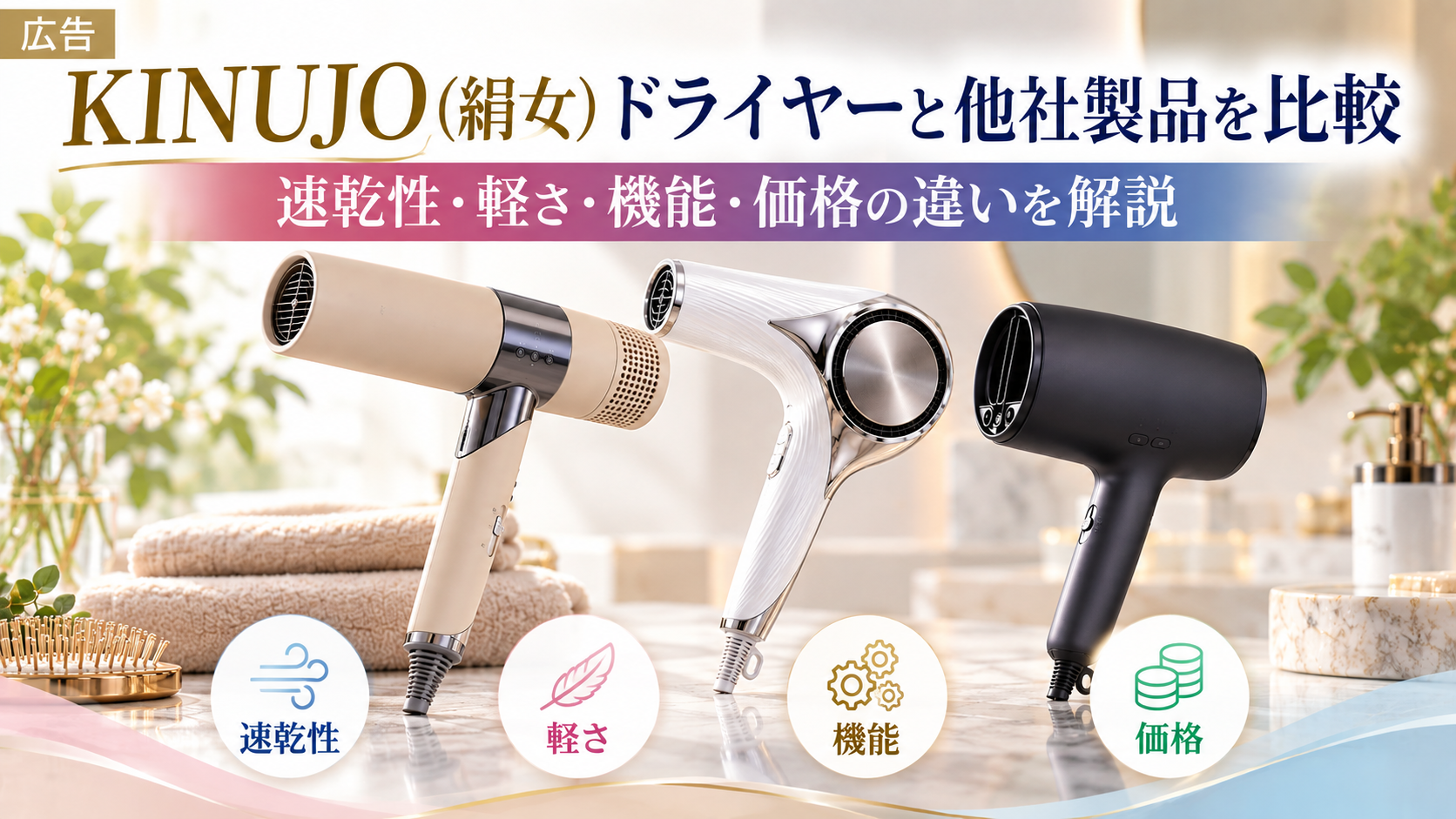 KINUJO(絹女)ドライヤーと他社製品を比較|速乾性・軽さ・機能・価格の違いを解説
